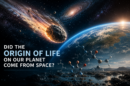 Space scene with an asteroid near Earth at sunrise, and chemical structures; caption asks if life originated from space?