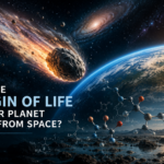 Space scene with an asteroid near Earth at sunrise, and chemical structures; caption asks if life originated from space?
