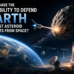 Earth from space with a spacecraft firing at an approaching asteroid; a rocket launches on the right, with a satellite dish and holographic panels reading Asteroid Detection and Trajectory nearby.