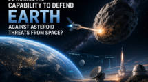 Earth from space with a spacecraft firing at an approaching asteroid; a rocket launches on the right, with a satellite dish and holographic panels reading Asteroid Detection and Trajectory nearby.