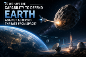 Earth from space with a spacecraft firing at an approaching asteroid; a rocket launches on the right, with a satellite dish and holographic panels reading Asteroid Detection and Trajectory nearby.