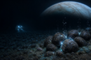 Underwater rocky seabed with glowing bubbles, a distant blue-lit submarine, and a large planet looming overhead in the dark.