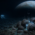Underwater rocky seabed with glowing bubbles, a distant blue-lit submarine, and a large planet looming overhead in the dark.