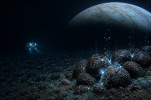 Underwater rocky seabed with glowing bubbles, a distant blue-lit submarine, and a large planet looming overhead in the dark.