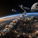 Futuristic space mining site on an alien planet, with ore conveyor belts, storage blocks, and robotic equipment under a starry sky and Earth on the horizon.