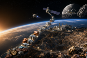 Futuristic space mining site on an alien planet, with ore conveyor belts, storage blocks, and robotic equipment under a starry sky and Earth on the horizon.